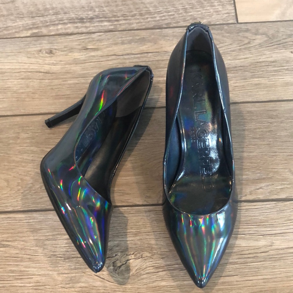 Karl Lagerfeld Iridescent Black Pointed Toe Stiletto Heels